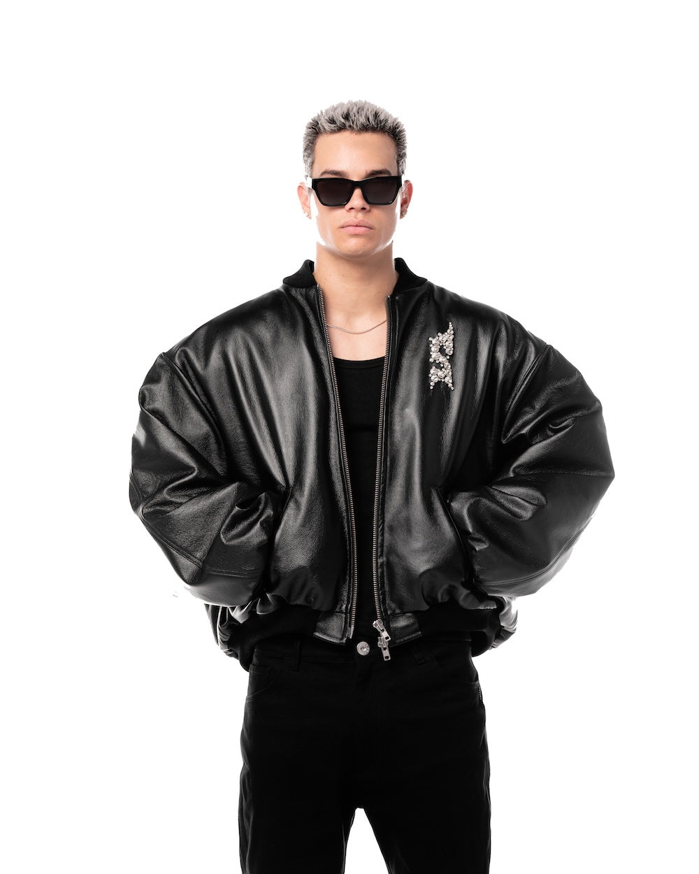 MAMAFIA EMBELLISHED LEATHER JACKET - BLACK